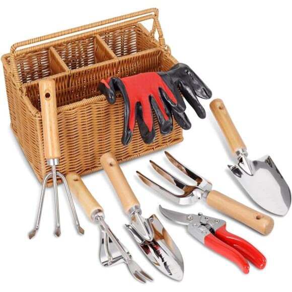 Garden Tools Set with Basket, Heavy Duty Stainless Steel Gardening Hand Tool - Picture 1 of 7